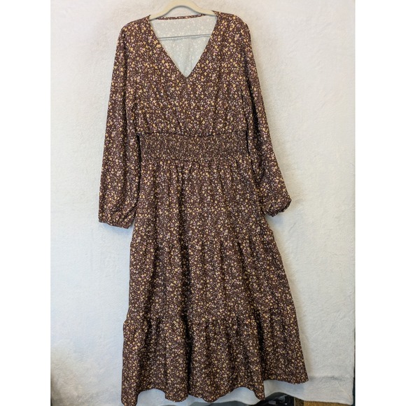 Emery Rose Dresses & Skirts - NEW Emery Rose Maxi Dress Women's XL Brown Floral Long Sleeve Smocked Waist Boho